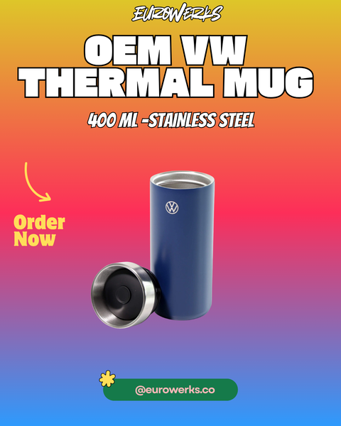 OEM VW Thermal Mug — 400 ml Stainless Steel, Silver / Dark Blue