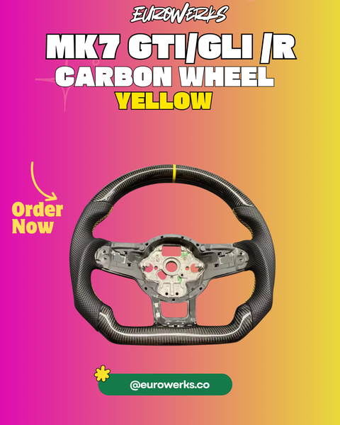 MK7/7.5 GTI,GLI,R Carbon Fiber Leather Steering Wheel (Yellow stripe & stitching)